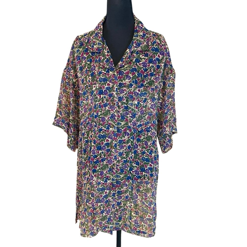 Vintage Peters & Ashley Floral Sheer Button Front Tunic Top Size 14 80s